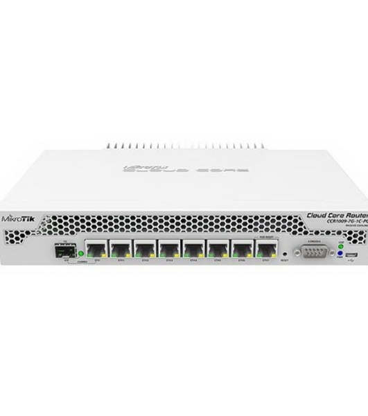 Маршрутизатор Mikrotik CCR1009-7G-1C-PC with Tilera Tile-Gx9 CPU (9-cores, 1Ghz per core), 1Gb RAM, 7xGbit LAN, 1x Combo port (1xGbit LAN or SFP), RouterOS L6, passive cooling desktop enclosure, rackmount ears, PSU