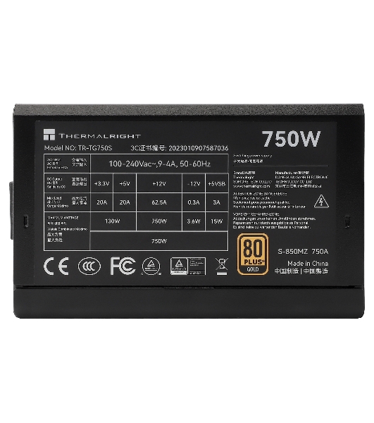 Блок питания Thermalright, 750W 80+ Gold (ATX, 3.0, PCIe 5.0, Non-modular, 1x24(20+4)pin, 1xCPU 8(4+4)pin, 2xPCIe*2 8(6+2)pin, 5xSATA3, 1x12+4pin (12VHPWR PCIe 5.0 12+4pin 600mm), 3xMOLEX4pin, Active, 120x120мм, 150x140x86mm, APFC, black)
