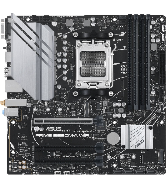 Материнская плата ASUS PRIME B650M-A WIFI II, AM5, AMD B650, 4xDDR5, 4xSATA, 2xM.2, 1xPCI-E 4.0 x16, 2xPCI-E 4.0 x1, 1xHDMI, 1xDP, 1xVGA, 1x 2.5Gb LAN, 2xUSB-A 3.2 Gen 2, 2xUSB-A 3.2 Gen 1, 4xUSB-A 2.0, 3x3.5 мм, 7.1, Micro-ATX