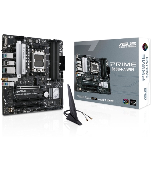 Материнская плата ASUS PRIME B650M-A WIFI II, AM5, AMD B650, 4xDDR5, 4xSATA, 2xM.2, 1xPCI-E 4.0 x16, 2xPCI-E 4.0 x1, 1xHDMI, 1xDP, 1xVGA, 1x 2.5Gb LAN, 2xUSB-A 3.2 Gen 2, 2xUSB-A 3.2 Gen 1, 4xUSB-A 2.0, 3x3.5 мм, 7.1, Micro-ATX