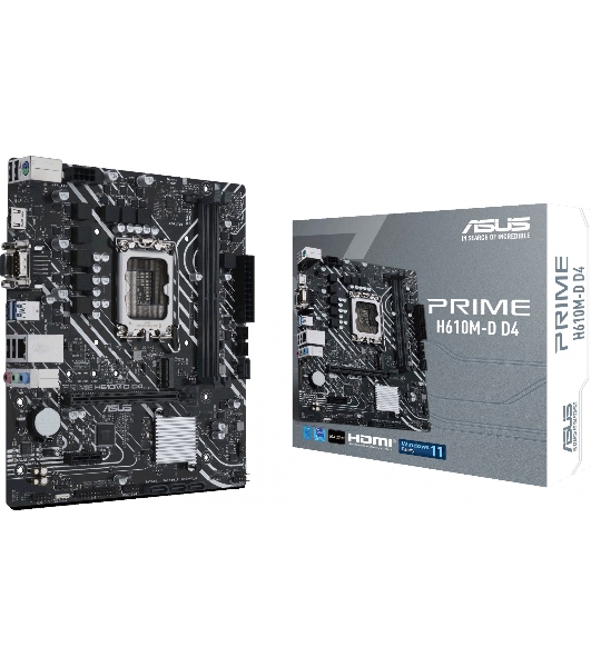 Материнская плата ASUS PRIME H610M-D D4, LGA 1700, Intel H610, 2xDDR4, 4xSATA, 1xM.2, 1xPCIe 4.0 x16, 1xPCI, 1xHDMI, 1xVGA, 1x 1Gb LAN, 2xUSB-A 2.0, 2xUSB-A 3.2 Gen 1, 3x3.5 мм, 7.1, mATX