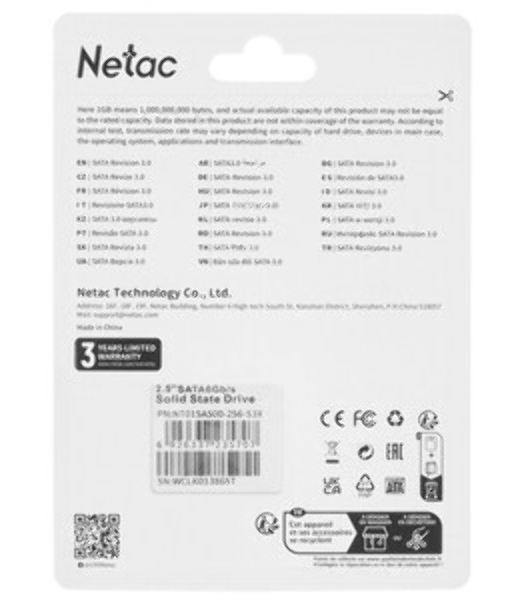 Накопитель SSD Netac SA500, 256Gb, SATA III, 2.5', R/W 520/450