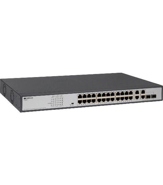 Коммутатор неуправляемый PoE ORIGO Unmanaged Switch 26x1000Base-T (24x1000Base-T PoE), 2xCombo 1000Base-T/SFP, PoE Budget 370W, Long-range PoE up to 250m, 19' w/brackets