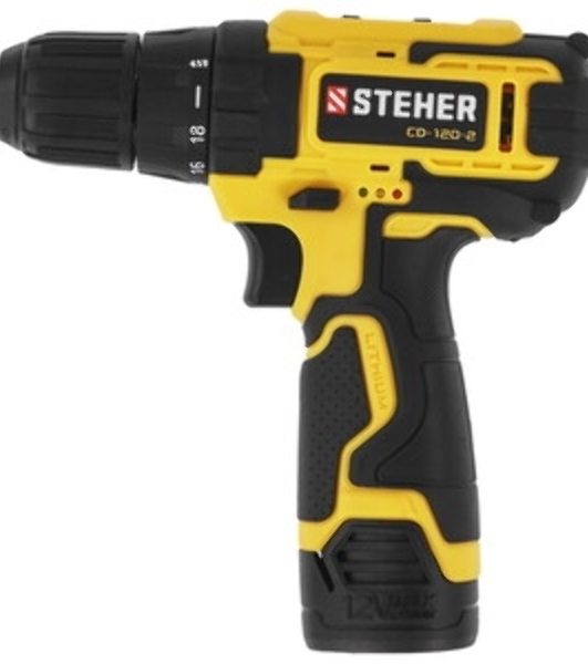 Дрель-шуруповерт STEHER CD-120-2, 12 В, 2 Ач, 30 Нм, щеточный
