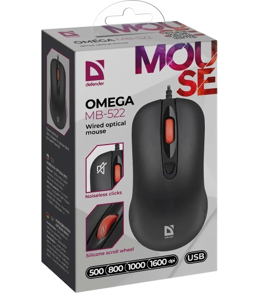 Мышь проводная Defender Omega MB-522 черный, 1600 dpi, USB, кнопки - 4
