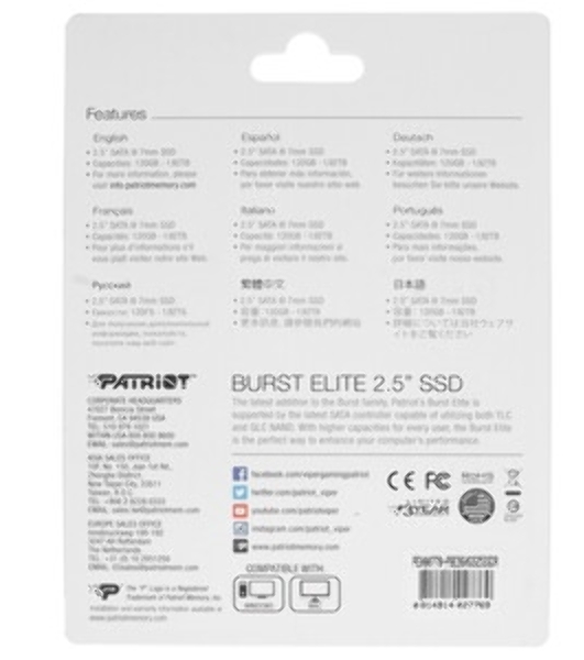 Накопитель SSD Patriot Burst Elite, 960Gb, SATA, 2.5', R/W 450/320