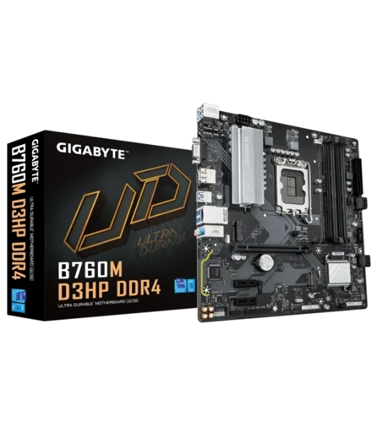 Материнская плата Gigabyte B760M D3HP DDR4, LGA 1700, Intel B760, 4xDDR4, 4xSATA, 2xM.2, 1xPCIe 4.0 x16, 2xPCIe x1, 1xHDMI, 1xVGA, 1xDP, 1x 1Gb LAN, 3xUSB-A 3.2 Gen 1, 2xUSB-A 2.0, 3x3.5 мм, 7.1, mATX