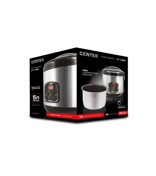 Мультиварка Centek CT-1490 (сталь)скороварка,1000Вт; 5.0л, 8 программ, ненагр крышка, а/п покр(4)
