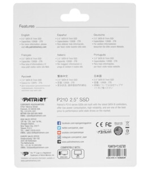Накопитель SSD Patriot P210, 2Tb, SATA III, 2.5', R/W 520/430