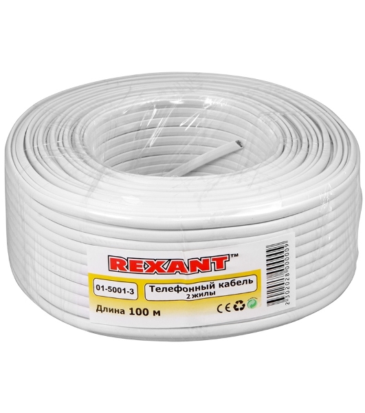Кабель Rexant телефонный 2 жилы 100м CCA белый (ШТЛП-2)