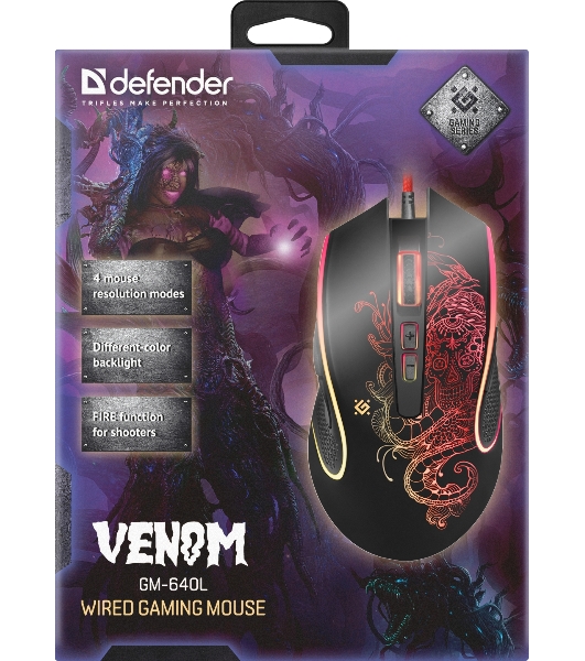 Мышь проводная Defender Venom GM-640L черный, 3200 dpi, USB, кнопки - 8