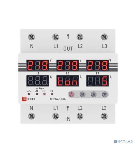 Трехфазное реле напряжения и тока с дисп. MRVA-3 63A EKF MRVA-3-63A EKF