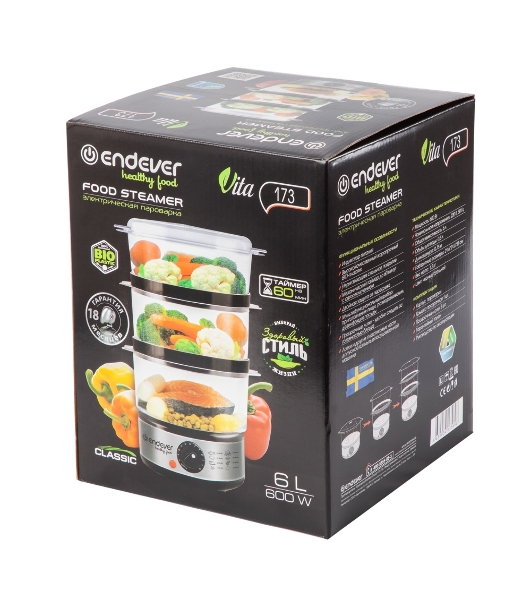 Пароварка Endever Vita-173 черный/стальной, 6 л, ярусы - 3, 800 Вт, механическое