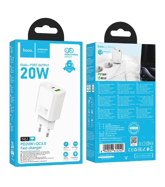 Зарядное устройство Hoco 20Вт, 3А, QC3.0/PD, 1xUSB, 1xType-C, N61, белый, коробка