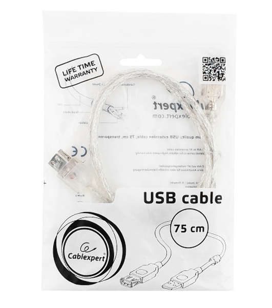 Кабель-удлинитель USB2.0 Pro Cablexpert CCF-USB2-AMAF-TR-0.75M, AM/AF, 0,75м, экран, 2феррит.кольца, прозрачный, пакет