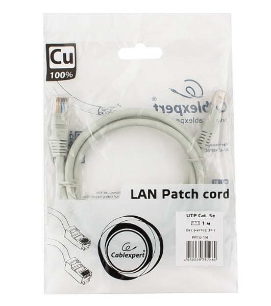 Патч-корд медный UTP Cablexpert PP10-1M cat.5e, 1м, литой, многожильный, серый