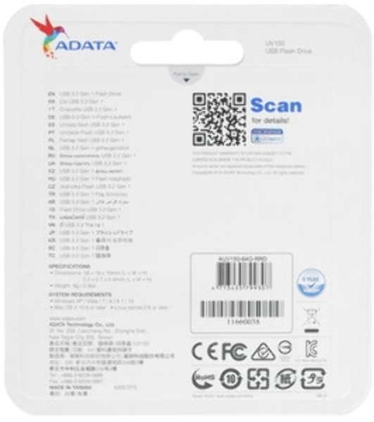 Флешка USB ADATA UV150 (AUV150-64G-RRD), 64Gb, USB 3.0, R/W 100/30, красный