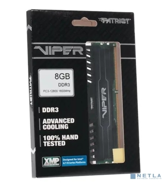 Оперативная память Patriot Viper 3, DDR3, 8GB (1x8 GB), 1600 MHz, CL10, DIMM, радиатор, черный
