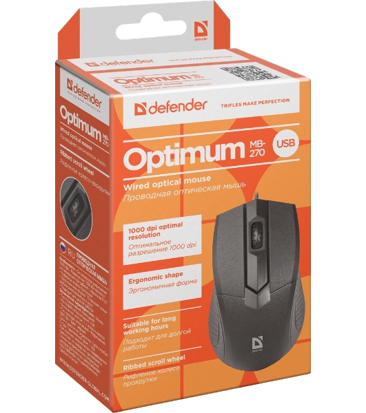Мышь проводная Defender Optimum MB-270 черный, 1000 dpi, USB, кнопки - 3