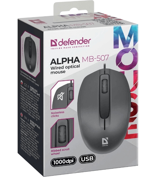 Мышь проводная Defender Alpha MB-507 черный, 1000 dpi, USB, кнопки - 3