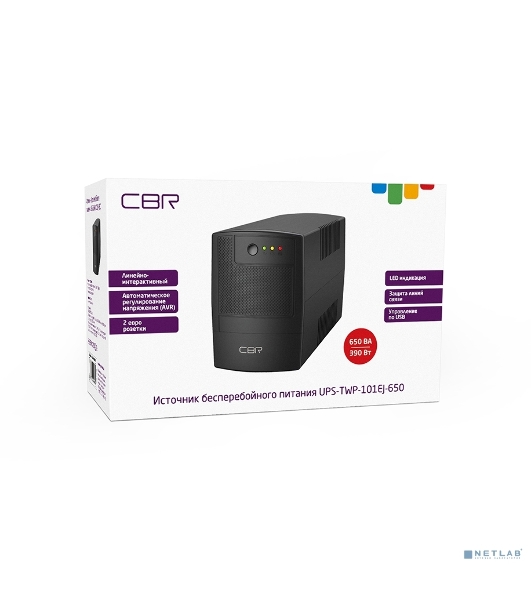 Источник бесперебойного питания CBR UPS-TWP-101EJ-650 / 650ВА / 390Вт, Schuko CEE 7 x2 outlets, USB Type-B, RJ11/45
