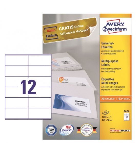 Этикетки самоклеящиеся Avery Zweckform 3424 A4, 105x48 мм, 12 шт, универсальная, 70 г/м2, 100 л, покрытие матовое, белый
