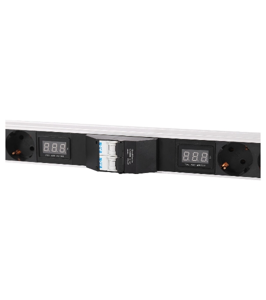 Блок силовых розеток Rem Rem-32, Shuko х 16, IEC 60320 С19 х 8, вход колодка, 1463х45х45 мм (ВхШхГ), 32А, автомат + амперметр, черный, без шнура