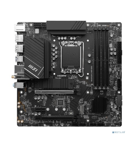 Материнская плата MSI PRO B760M-A WIFI DDR4, LGA 1700, Intel B760, 4xDDR4, 4xSATA, 2xM.2, 1xPCI-E 4.0 x16, 1xPCI-E 4.0 x4, 1xPCI-E x1, 2xHDMI, 2xDP, 1x 2.5Gb LAN, 2xUSB-A 2.0, 2xUSB-A 3.2 Gen 1, 2xUSB-A 3.2 Gen 2, 3x3.5 мм, 7.1, Micro-ATX