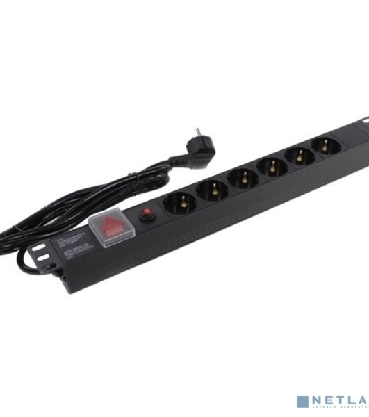 Блок розеток горизонтальный ExeGate ServerPro PDU-19H606 Al-6S-EU2-SW-O, 19', 1U, Алюминий, 6 Schuko, кабель с евровилкой VDE-250V-16A-3*1.5мм2, 2 метра, выкл. с подсветкой, защита от перегрузки, черный