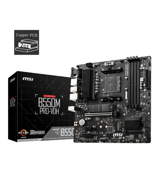 Материнская плата MSI B550M PRO-VDH, AM4, AMD B550, 4xDDR4, 4xSATA, 2xM.2, 1xPCI-E 4.0 x16, 2xPCI-E x1, 1xDP, 1xHDMI, 1xVGA, 1x 1Gb LAN, 2xUSB 2.0, 4xUSB 3.2 Gen 1, 3x3.5 мм, 7.1, Micro-ATX