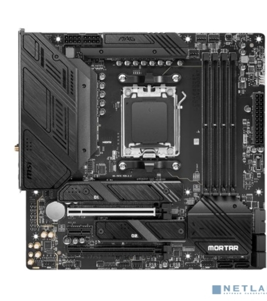 Материнская плата MSI MAG B650M MORTAR WIFI, AM5, AMD B650, 4xDDR5, 6xSATA, 2xM.2, 1xPCI-E 4.0 x16, 1xPCI-E 4.0 x4, 1xHDMI, 1xDP, 1x2.5Gb LAN, 3xUSB 3.2 Gen 2, 4xUSB 3.2 Gen 1, 1xUSB-C 3.2 Gen 2x2, 5x3.5мм аудио, 7.1, Micro-ATX