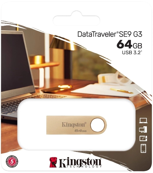 Флешка USB Kingston DataTraveler SE9 G3 (DTSE9G3/64Gb), 64Gb, USB 3.2 Gen 1, R/W 220/100, золотистый