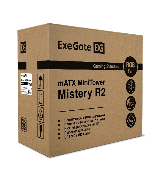 Компьютерный корпус Minitower ExeGate Mistery R2-NPX600 (mATX, БП 600NPX с вент. 12 см, 2*USB+1*USB 3.0, аудио, черный, 1 вент. 12см с RGb подсветкой и полоса на передней панели, боковая панель - закаленное стекло)