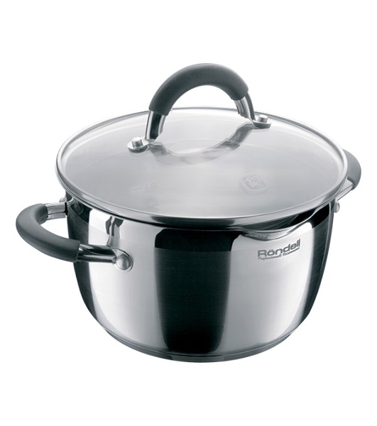 Кастрюля RONDELL RDS-025 Flaммe 5,7л RONDELL Кастрюля RDS-025 с/кр 24 см 5.7 л Flaммe. Диаметр 24см. Объем 5.7 л. Высококачественная пищевая сталь 18/10. Толщина стенок 0.6 мм. Тройное вштампованное, а затем вплавленное дно 5.0 мм. Комбинированная (зеркальная + матированная) обработка внешней поверхности. Отметки литража на внутренней поверхности посуды. Эргономичные крышка из термостойкого стекла со специальным ободком для удобного слива жидкости (2 диаметра отверстий). Ненагревающиеся ручки из нержавеющей стали с вставками из силикона. Надежное клепочное крепление. Плавный переход от дна к стенкам. Подарочная упаковка с ручкой. Буклет с рецептами. Подходит для всех видов плит и посудомоечной машины.
