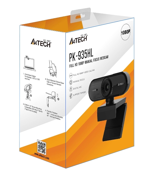 Веб-камера A4Tech PK-935HL 1920x1080, 30 кадр/с, USB Type-A, микрофон, ручная фокусировка, универсальное крепление