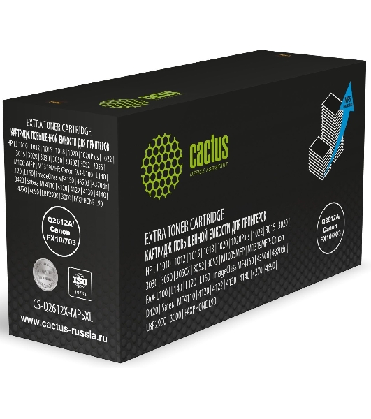 Картридж лазерный Cactus CS-Q2612X-MPSXL Q2612A/Canon FX10/703 черный (8000 стр.) для HP LJ 1010/1012/1015/1018/1020/1020Plus/1022/3015/3020/3030/3050/3050Z/3052/3055/M1005MFP/M1319MFP; Canon FAX-L100/L140/L120/L160/imageClass MF4150/4350d/4370dn/D420/Satera MF4110/4120/4122/4130/4140/4270/4690/LBP2900/3000/FAXPHONE L90