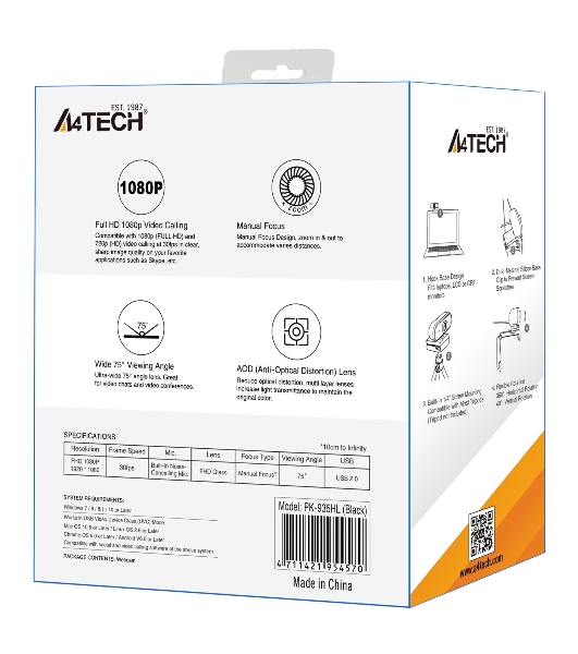 Веб-камера A4Tech PK-935HL 1920x1080, 30 кадр/с, USB Type-A, микрофон, ручная фокусировка, универсальное крепление