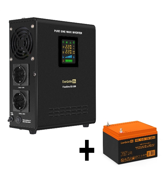 Комплект Источник бесперебойного питания EX295995RUS + батарея 26Aч EX285663RUS 1шт (инвертор, синус, для котла, настенный) ExeGate FineSine SX-500.LCD.AVR.2SH <500VA/300W, чистая синусоида, цветной LCD-дисплей, AVR, 2*Schuko, линейно-интерактивный, крепление настенное/универсальное, черный> + батарея ExeGate HRL 12-26 (12В, 26Ач) 1шт
