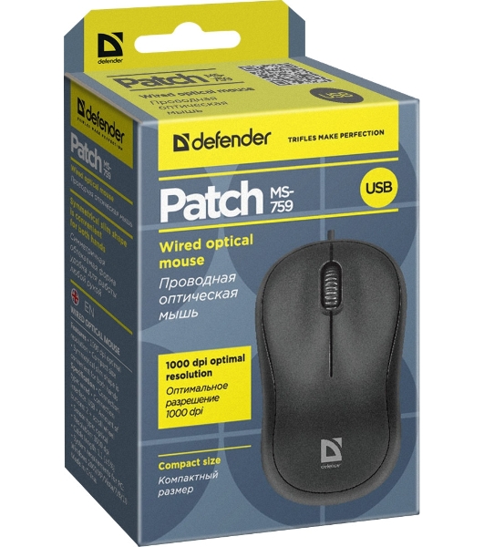 Мышь проводная Defender Patch MS-759 черный, 1000 dpi, USB, кнопки - 3