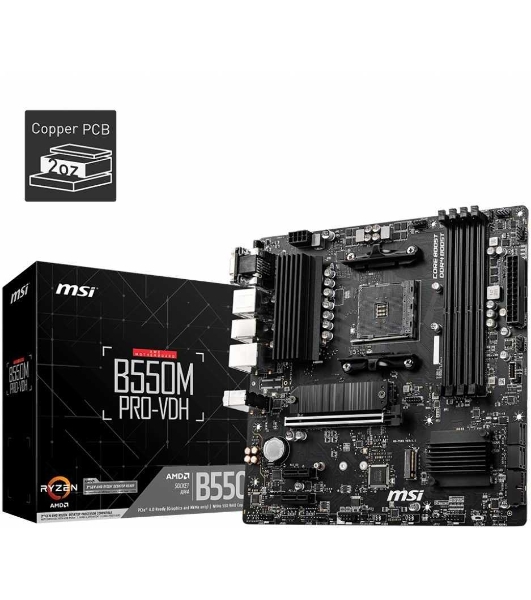 Материнская плата MSI B550M PRO-VDH, AM4, AMD B550, 4xDDR4, 4xSATA, 2xM.2, 1xPCI-E 4.0 x16, 2xPCI-E x1, 1xDP, 1xHDMI, 1xVGA, 1x 1Gb LAN, 2xUSB 2.0, 4xUSB 3.2 Gen 1, 3x3.5 мм, 7.1, Micro-ATX