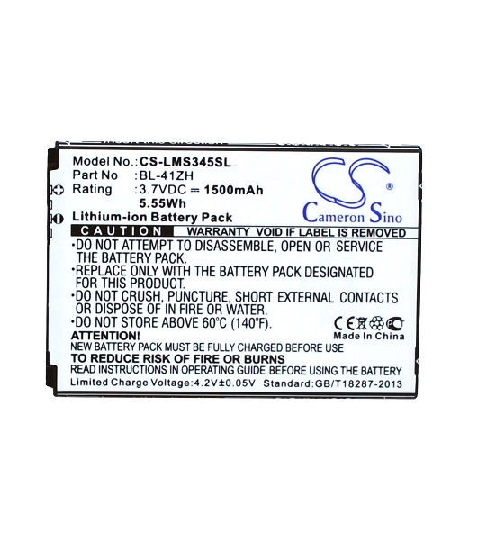 Аккумулятор CameronSino CS-LMS345SL BL-41ZH для LG L Fino D295, LG X220DS 3.7V, 1500mAh, 5.55Wh