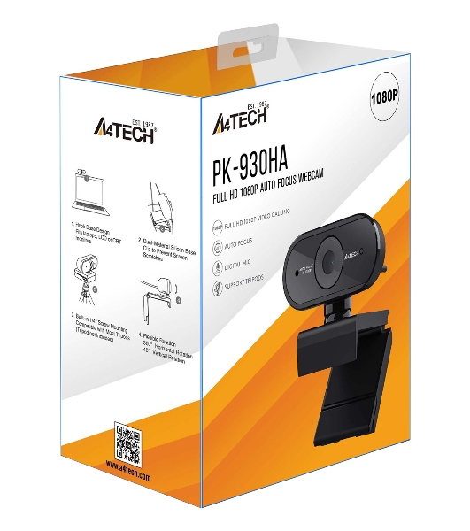 Веб-камера A4Tech PK-930HA 1920x1080, 30 кадр/с, USB Type-A, микрофон, автоматическая фокусировка, универсальное крепление