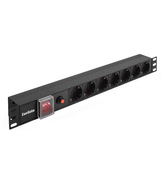 Блок розеток горизонтальный ExeGate ServerPro PDU-19H702 Al-7S-C14-SW-O, 19', 1U, Алюминий, 7 Schuko, С14, защита от перегрузки, черный