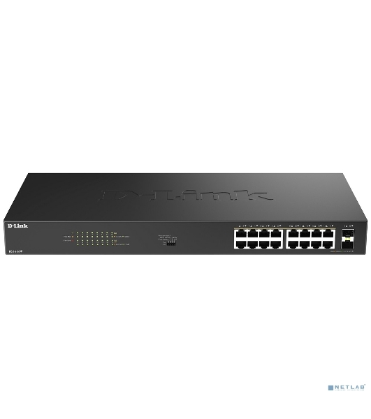 Коммутатор D-Link DGS-1018P/B1A, 16×1 Гбит/с + 2×1 Гбит/с SFP, неуправляемый
