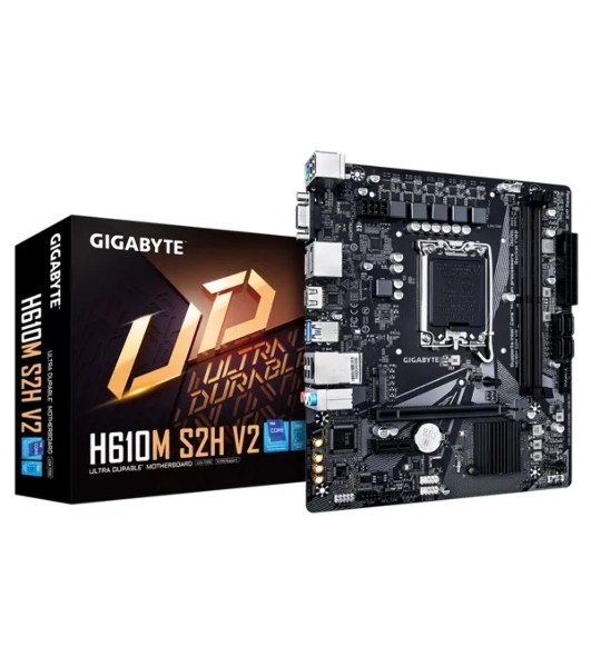 Материнская плата Gigabyte H610M S2H V2, LGA 1700, Intel H610, 2xDDR5, 4xSATA, 1xM.2, 1xPCIe 4.0 x16, 1xPCIe x1, 1xHDMI, 2xDP, 1xD-Sub, 1x 1Gb LAN, 2xUSB-A 3.2 Gen 1, 4xUSB-A 2.0, 3x 3.5 мм, 7.1, mATX