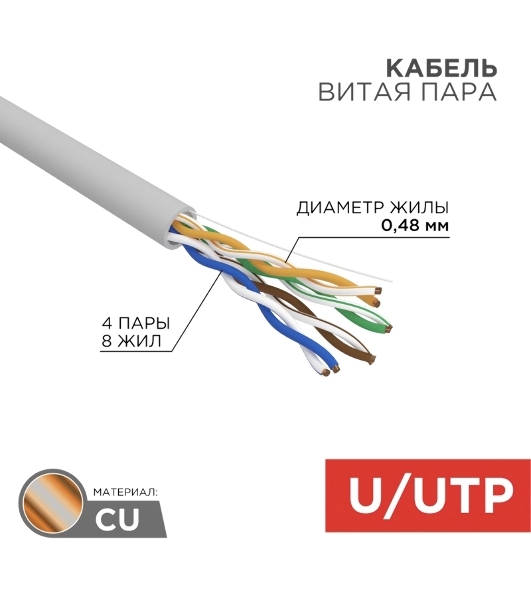 Кабель витая пара Rexant LIGHT U/UTP, cat.5e, ZH нг(А)-HF, 4PR, 24AWG, внутренний, серый, 305 м