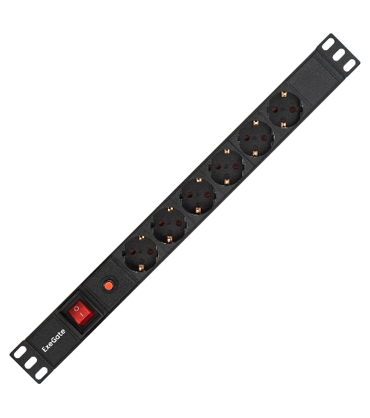 Блок розеток горизонтальный ExeGate ServerPro PDU-19H605 Al-6S-C14-SW-O, 19', 1U, Алюминий, 6 Schuko, С14, выкл. с подсветкой, защита от перегрузки, черный