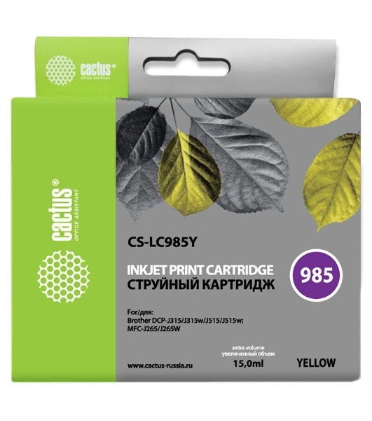 Картридж струйный Cactus CS-LC985Y желтый (15 мл) для Brother DCPJ315W/DCPJ515W/MFCJ265W
