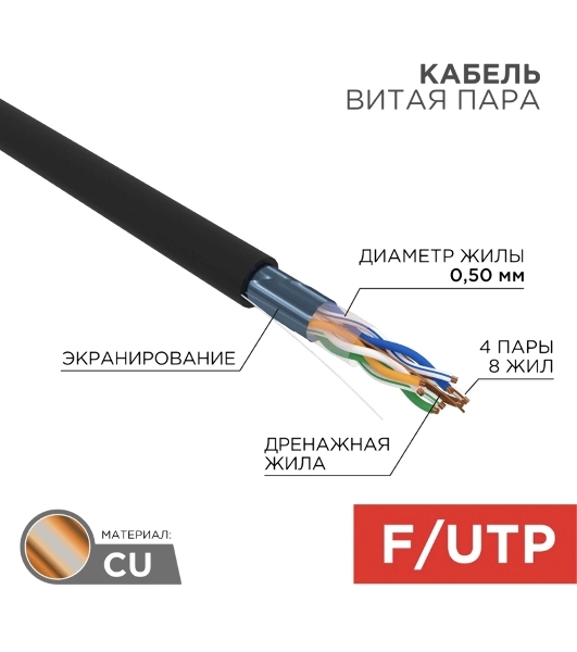 Кабель витая пара Rexant FTP 4PR 24AWG, cat.5e наружный (OUTDOOR) (бухта 305 м)