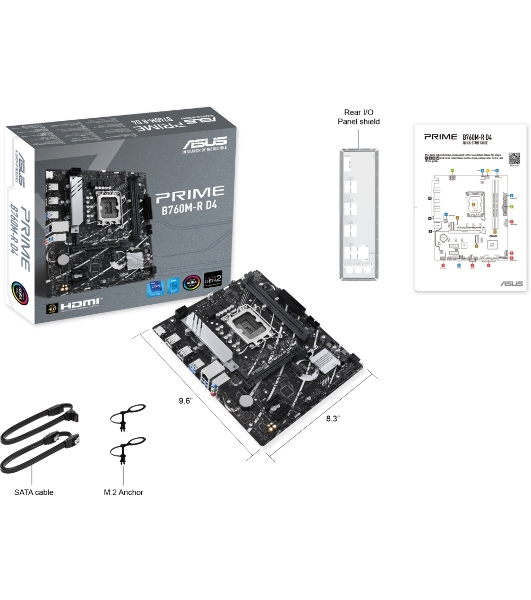 Материнская плата ASUS PRIME B760M-R D4, LGA 1700, Intel B760, 2xDDR4, 4xSATA, 2xM.2, 1xPCIe 4.0 x16, 1xPCIe x1, 1xHDMI, 1x 2.5Gb LAN, 4xUSB-A 2.0, 4xUSB-A 3.2 Gen 1, 3x3.5 мм, 7.1, mATX